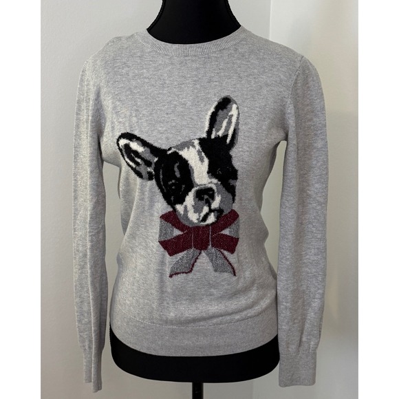 Ted Baker London Gray French Bulldog Graphic Sweater Metallic Bow Size 1 Small - Picture 2 of 6